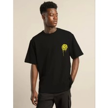 Defy Moda Unisex Bisiklet Yaka Baskılı Oversize T-Shirt - Siyah