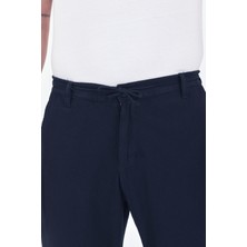Theseason Erkek Lacivert Pamuklu Keten Görünümlü Beli Bağcıklı Relaxed Fit Yazlık Chino Pantolon