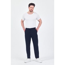 Theseason Erkek Lacivert Pamuklu Keten Görünümlü Beli Bağcıklı Relaxed Fit Yazlık Chino Pantolon