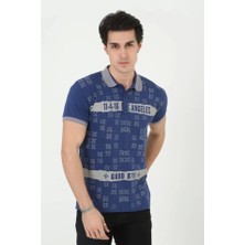Defy Moda Erkek Yakalı Slim Fit Baskılı T-Shirt - Mavi