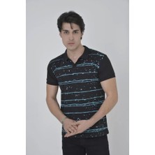 Defy Moda Erkek Yakalı Slim Fit Pike Çizgili T-Shirt - Siyah