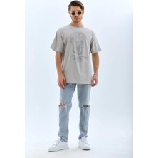 Defy Moda Unisex Oversize Taşlı Bisiklet Yaka T-Shirt - Gri