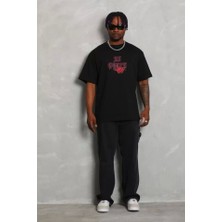 Defy Moda Unisex Oversize Baskılı Bisiklet Yaka T-Shirt - Siyah