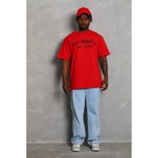 Defy Moda Unisex Oversize Baskılı Bisiklet Yaka T-Shirt - Kırmızı