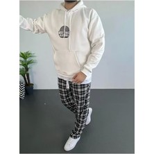 Defy Moda Erkek Baskılı Üç Iplik Kapüşonlu Oversize Sweatshirt - Beyaz