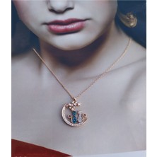 Modahilye 925 Ayar Gümüş Yıldızları Seyreden Kedi Tasarım Aşk Rozegold Kolye