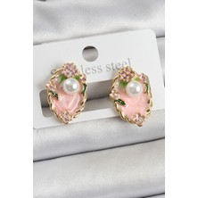 Pirinç Pembe Mineli Inci Detaylı Sanatsal Portre Model Gold Renk Kadın Küpe