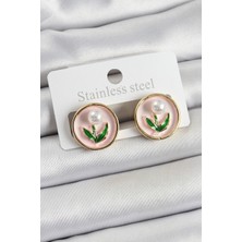 Pirinç Pembe Mineli Lale Figürlü Sanatsal Portre Model Gold Renk Kadın Küpe