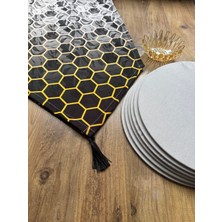 Modern Siyah Altıgen Duck Keten Runner ve 6'lı Gri Supla Seti