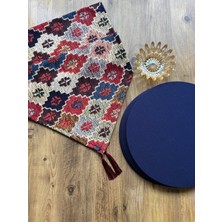 Kilim Desen Duck Keten Runner ve 6'lı Lacivert Supla Seti