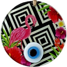 Ett Pembe Flamingolu Çiçekli Nazar Boncuklu 15 Santimetre Çapında Duvar Süsü