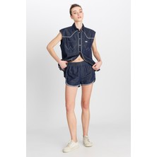 %100 Pamuk Relaxed Fit Geniş Kesim Normal Bel Koyu Mavi Denim Şort