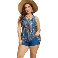 Fsfeng Yazın Olmazsa Olmazı Büyük Beden Kadın Tankini Leopar Desenli Şık Bol Etek Mayo Beden: 1xl Göğüs 92CM (Yurt Dışından)