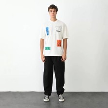 Defy Moda Unisex Bisiklet Yaka Baskılı Oversize T-Shirt - Beyaz