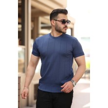 Defy Moda Erkek Ince Çizgi Dokulu Bisiklet Yaka Kısa Kollu T-Shirt