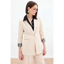 Sateen 166-6005 Kadın Bej Leopar Detaylı Ceket