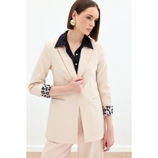 Sateen 166-6005 Kadın Bej Leopar Detaylı Ceket