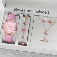 ( 6 x Parça ) Tıme Pınk Saat + Kalp Kupe +Kolye + Bileklik + Yüzük Takı Seti Pembe