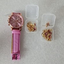 ( 6 x Parça ) Tıme Pınk Saat + Kalp Kupe +Kolye + Bileklik + Yüzük Takı Seti Pembe