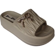 Yazkış Kadın Siyah Ten Beyaz Üstü Tokalı 6cm Kalın Taban Eva Terlik