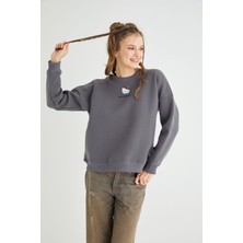 Lisanslı Baskılı Kalın Oversize Fit Gri Sweatshirt