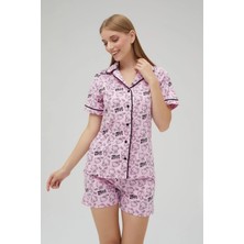 Lisanslı Düğmeli Pembe Kısa Kollu Pijama Takım