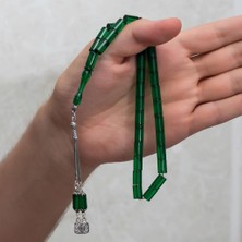 925 Ayar Gümüş Püsküllü Silindir Kesim Yeşil Kehribar Tesbih