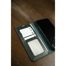 Haki iPhone 13 Pro Max Hakiki Deri Cüzdan Kılıf Kapaklı Mıknatıslı Kartlık Bölmeli Cüzdanlı Stand Özellikli