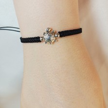 Crystal Atelier Hayvan Figürlü Bileklik - Kaplumbağa - Siyah Gümüş Kaplama Kaplumbağa Figürlü Makrome Bileklik - El Yapımı, Ayarlanabilir, Unisex, Örgü, Minimalist - Kaplumbağa Figürlü Şans Bileklik
