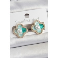 Pirinç Yeşil Mineli Inci Detaylı Zirkon Taşlı Sanatsal Portre Yonca Model Gold Renk Kadın Küpe - EBJ250605W34592