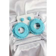 Mavi Püsküllü Halka Figürlü Hasır Örgü Model Gold Renk Kadın Küpe - EBJ250605W34620