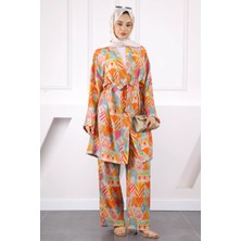 Oranj Desenli Kimono Pantolonlu Takım
