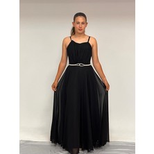 Kız Çocuk Abiye Askılı Siyah  Şifon Drape ve Taş Detaylı  Abiye Elbise 10-15 Yaş