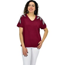 Kadın Yarım Kol V Yaka Taşlı Likralı Tişöt  BGL-ST04654