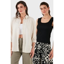 Lela Streç Pamuklu Oversize Fit 2' Li Paket Gömlek-Atlet Set Bayan Gömlek-Atlet Set 67810014979S2