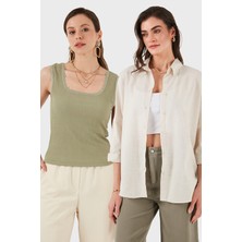 Lela Streç Pamuklu Oversize Fit 2' Li Paket Gömlek-Atlet Set Bayan Gömlek-Atlet Set 67810014979S2