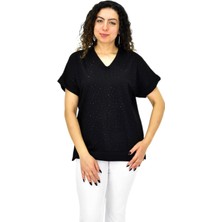 Kadın Yarım Kol V Yaka Taşlı Likralı Tişöt  BGL-ST04653