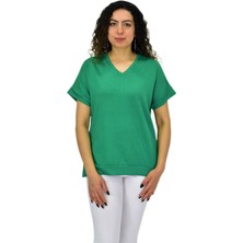 Kadın Yarım Kol V Yaka Taşlı Likralı Tişöt  BGL-ST04653