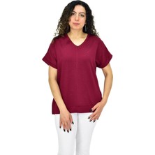 Kadın Yarım Kol V Yaka Taşlı Likralı Tişöt  BGL-ST04653