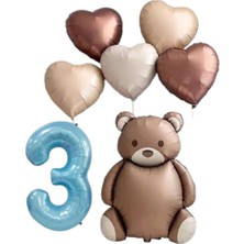 Retro Ayı Mavi Kalp Rakam Folyo Balon Doğum Günü Balon Seti