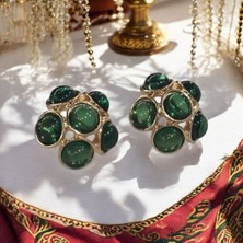 Kraliyet Zümrüdü Küpesi Yeşil Renk Vintage Taşlı Parlak Küpe Yaz Sezonu Gösterişli Trend takı Model ışıltılı 