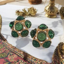 Kraliyet Zümrüdü Küpesi Yeşil Renk Vintage Taşlı Parlak Küpe Yaz Sezonu Gösterişli Trend takı Model ışıltılı 