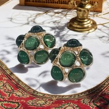 Kraliyet Zümrüdü Küpesi Yeşil Renk Vintage Taşlı Parlak Küpe Yaz Sezonu Gösterişli Trend takı Model ışıltılı 