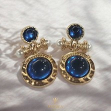 Sonsuz Akşam Küpesi Mavi Renk Çelik Vintage taşlı parlak küpe ışıltılı ve zarif retro model yaz sezonu trend takı küpe