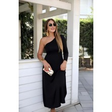 Gelirr Kadın Uzun Kollu Tek Omuz Detay Krep Elbise