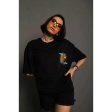 Gelirr Unisex Bisiklet Yaka Baskılı Oversize T-Shirt - Siyah