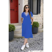 Gelirr Kadın Kısa Kollu V Yaka ve Yaka Ribana Detay Midiboy Viskon Elbise