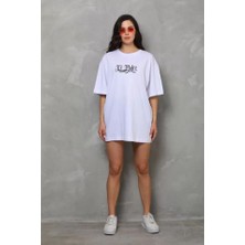 Gelirr Unisex Bisiklet Yaka Baskılı Oversize T-Shirt - Beyaz