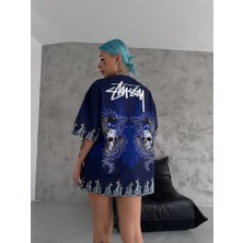 Gelirr Unisex Bisiklet Yaka Baskılı Oversize T-Shirt - Lacivert