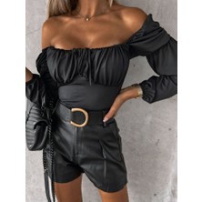 Gelirr Kadın Uzun Kollu Kare Yaka Göğüs Büzgü Detay Sandy Bluz